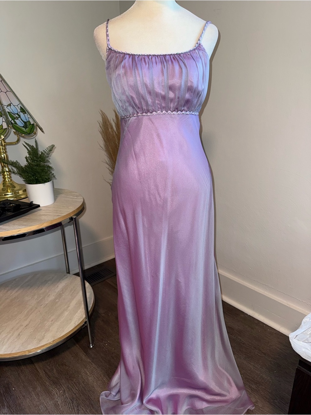 Michelangelo Lilac Satin Spaghetti-Strap Evening Dress w Rosettes